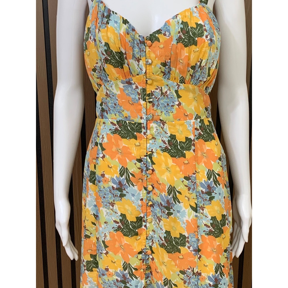 Abercrombie & Fitch Floral‎ Button Front Smocked Midi Dress Yellow Orange Blue S - Picture 2 of 11